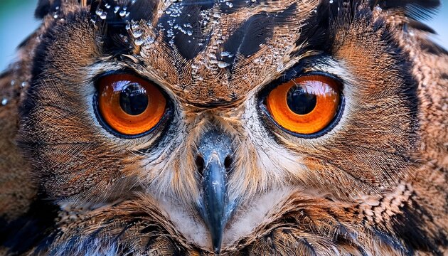 intense gaze of an owl an eye level close up showcases the intricate details of an owl s eye with water droplets clinging to its feathers creating a stunning and intense focal point