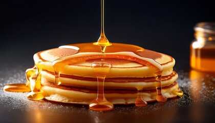 golden honey dripping on round pancake with shiny surface