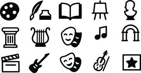 Black Vector Silhouette of Art and Culture Icon Set – Adjustable Line Weight Theater, Music, Dance, Film, Photography Symbols on White Background