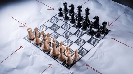 Conceptual chess board on paper featuring strategy arrows and diverse pieces
