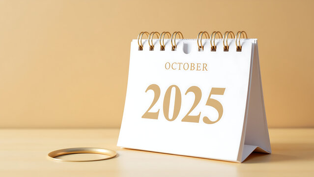 2025, minimalist october calendar features bold bright numbers crisp white background set warm beige wooden table