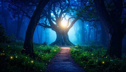 a path leading to a glowing ancient tree in a mystical enchanted forest