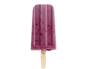 blueberry popsicle standing vertically, facing front, with small blueberry pieces inside, glossy and frosty texture, 