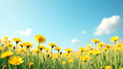 sea bright yellow dandelions gently sway soft breeze clear blue sky wispy clouds