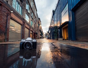 camera placed on wet table in industrial alley with reflections
