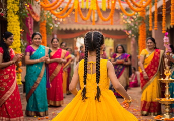 Fototapeta premium Back View of a Charming Young Girl in a Yellow Dress at a Vibrant Indian Cultural Celebration Filled with Joy and Tradition