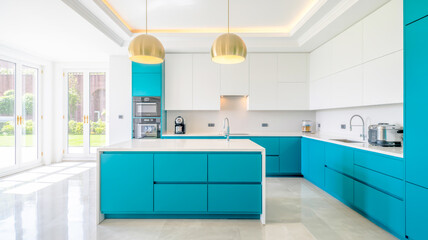 A modern luxury kitchen interior with a striking turquoise and white color scheme