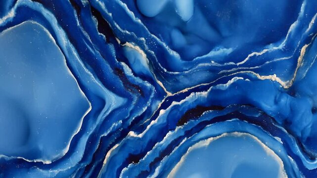 Continuously Morphing Deep Blue Abstract Liquid Art Background with Shimmering White and Gold Accents