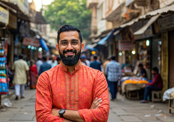 Fototapeta premium Portrait of a joyful Indian man wearing a vibrant traditional kurta amidst the lively atmosphere of a local bazaar