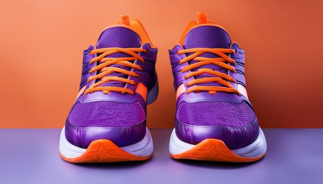 a front view of purple and orange trainers sneakers isolated on a flat background