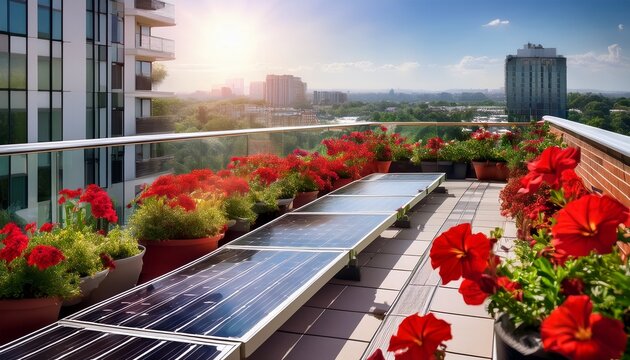 modern urban balcony with solar panels vibrant red flowers and lush green plants enhancing sustainable living and city views