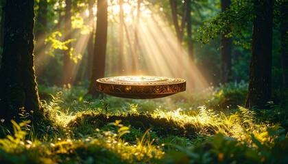 a floating ancient artifact in a mystical enchanted forest