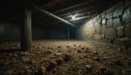 View of dark and low crawl space beneath the house for accessibility