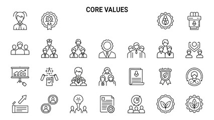 Core Values Line Icon Set – Leadership, Teamwork, Integrity, Trust, Innovation, Diversity, Ethics Vector Illustration

