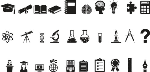 Vector Black Education Symbols Set with Graduation Cap, Brain, Lab Equipment, and Digital Learning Icons on White Background