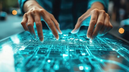 Close-up view of hands interacting with a transparent digital display.