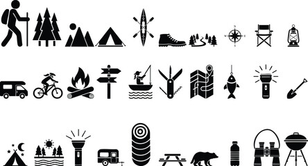 Camping Icons Set Hiking Tent Mountain Outdoor Adventure