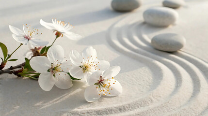 Delicate white cherry blossoms resting on fine sand with zen lines and stones, symbolizing peace and mindfulness in nature.