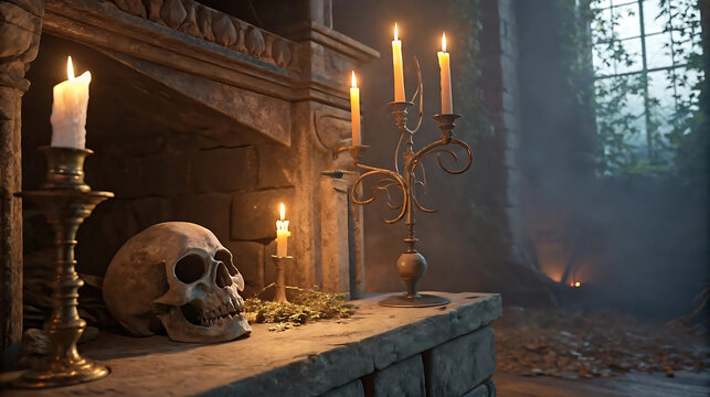Dramatic medieval scene with a human skull, antique candlesticks, and stone fireplace in a dimly lit castle interior.