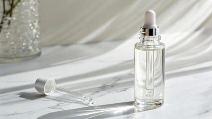 A clear serum bottle with a dropper sits on a marble surface in soft sunlight