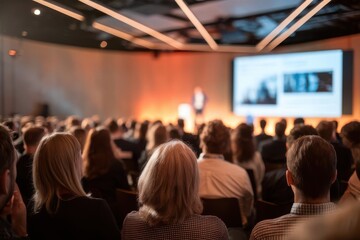 Attendees attentively watching speaker and screen at corporate seminar