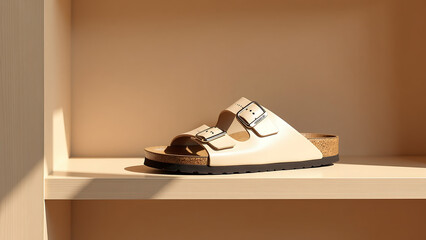 stylish beige birkenstock sandal sits sleek wooden shelf villach austria charming boutique illuminated soft natural