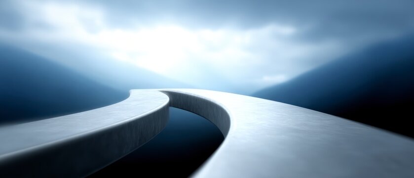 A smooth curving pathway leading through misty blurred mountainous landscape under a bright cloudy sky