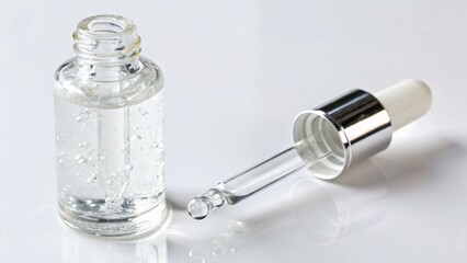 A clear serum bottle and dropper isolated on white background with a droplet