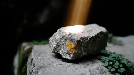 Fototapeta premium Textured stone with lichen illuminated by soft light next to delicate green leaves