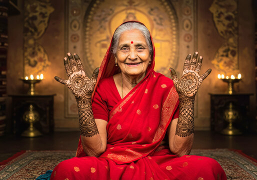 Joyful Elderly Indian Woman Showcasing Intricate Mehndi Art Celebrating Rich Cultural Heritage and Tradition