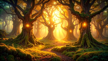ancient gnarled trees in a mystical enchanted forest