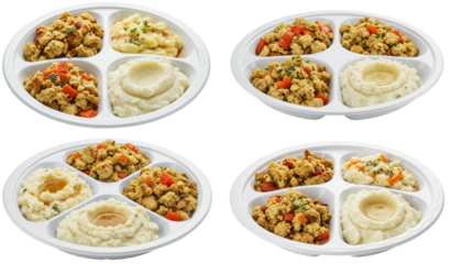 Food tray with four compartments featuring chicken and mashed potatoes  