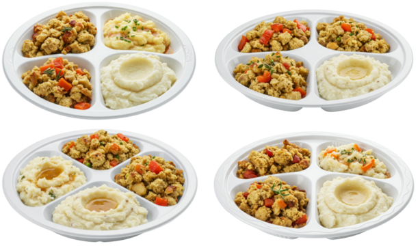 Food tray with four compartments featuring chicken and mashed potatoes  