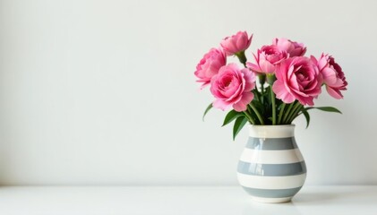 Obraz premium Delicate pink carnations in a charming striped vase against a clean white wall , home decor, texture, background
