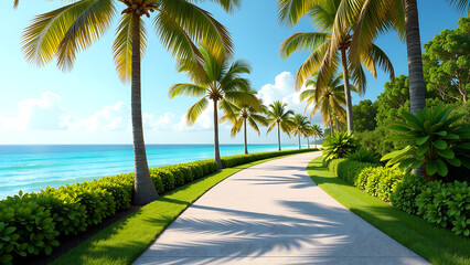 Fototapeta premium winding road along serene key biscayne beachside bike path lined palm trees turquoise ocean views bright sunny day soft