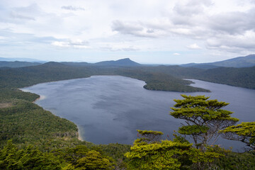 Serene Lake Surrounded by Lush Forests and Mountains