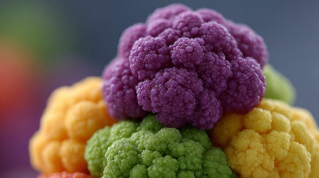 Vibrant purple yellow and green cauliflower florets are artfully arranged in a close up macro view
