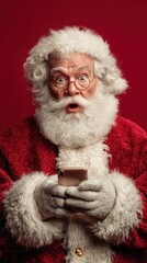 Naklejka premium Santa Claus surprised while checking his phone in a festive setting with a red background and cozy attire