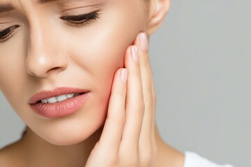 Close up of a young woman suffering from a strong toothache, touching her cheek with her hand, showing white teeth and experiencing dental pain, isolated on white background, generated image

