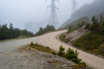 Misty Winding Dirt Road with Power Lines