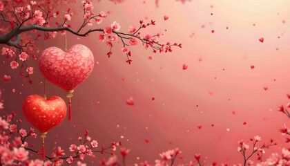 Obraz premium Decorative lanterns hang from cherry blossom branches, creating a romantic atmosphere during spring celebrations in a serene setting Generative AI