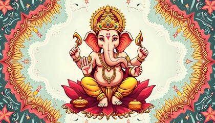 Colorful illustration of Ganesh seated on a lotus surrounded by floral patterns, symbolizing prosperity and well-being celebrated during festivals in India Generative AI