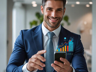 Smiling young businessman in blue suit holding smartphone with holographic financial growth chart, modern office background, success, technology, and digital analytics concept.