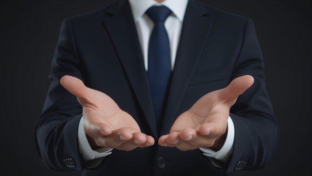 Unrecognizable businessman in a formal suit holding his hands open with palms up. A gesture of giving, showing, or receiving. Concept for support, offer, help, or presentation - Powered by Adobe