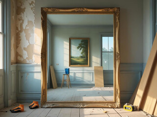 Apartment renovation, creative approach, room under renovation, reflection of renovated room in large mirror