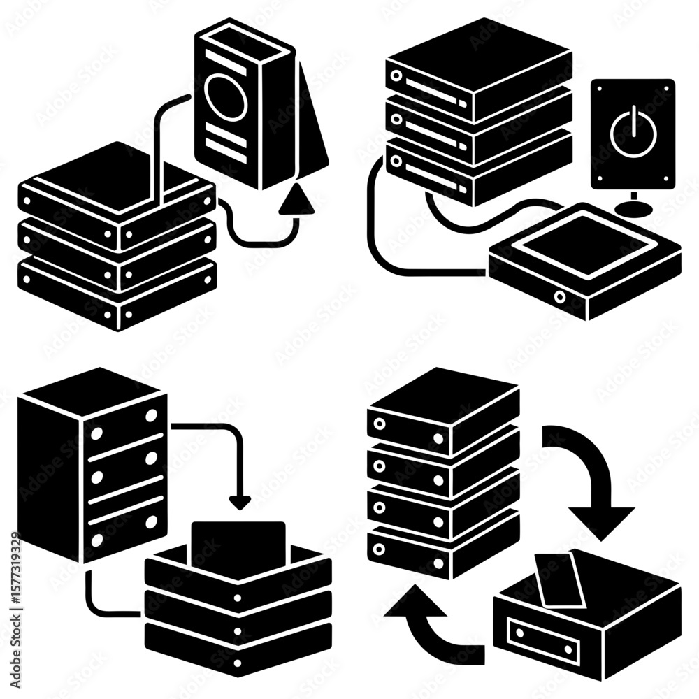 Poster Four diagrams showing different server configurations with arrows indicating data flow and power button icon