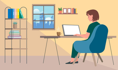 Woman working at home office. Vector illustration in flat cartoon style.