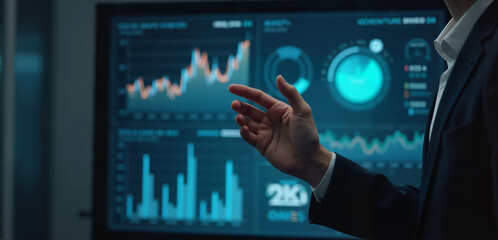A professional presenting data analytics on a digital screen, showcasing growth trends and statistical insights in a modern business setting.