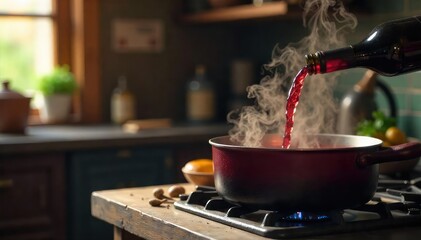 A bottle of red wine simmering gently in a pot on a rustic wooden stovetop, steam rising, ready to enhance a delicious dish , ingredient, flavor, comfort food