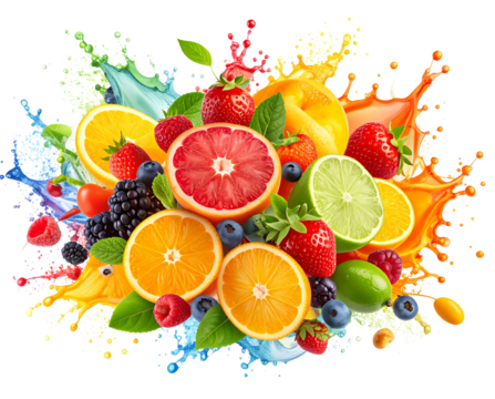 Pop Art Fruit Explosion with Color Bursts and Energy Effects – AI Illustration PNG - Powered by Adobe